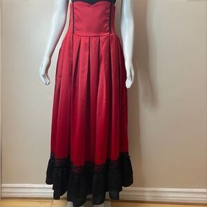 Red black corset style satin pleated maxi skirt with lace accents